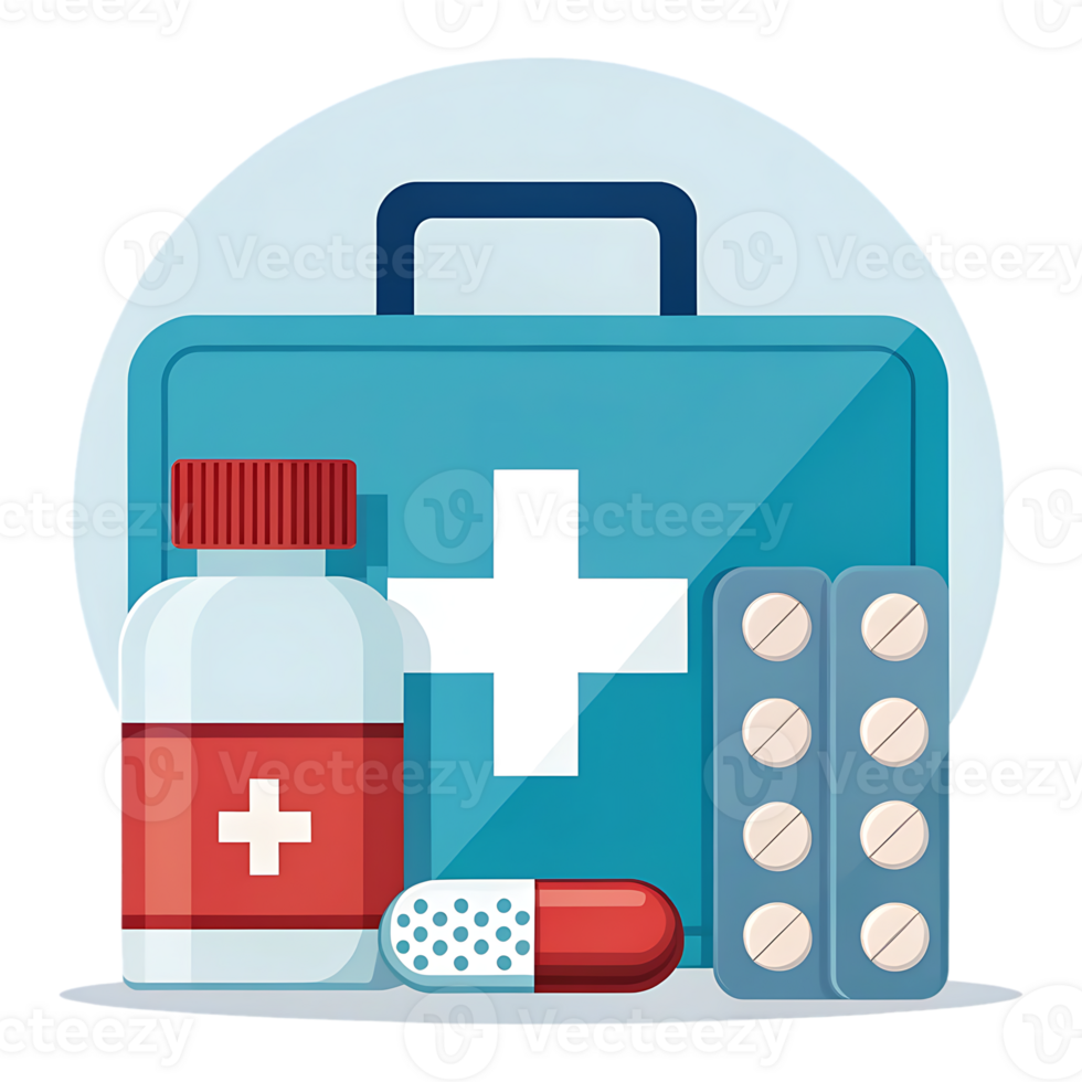 First aid kit with medicine and capsules displayed png