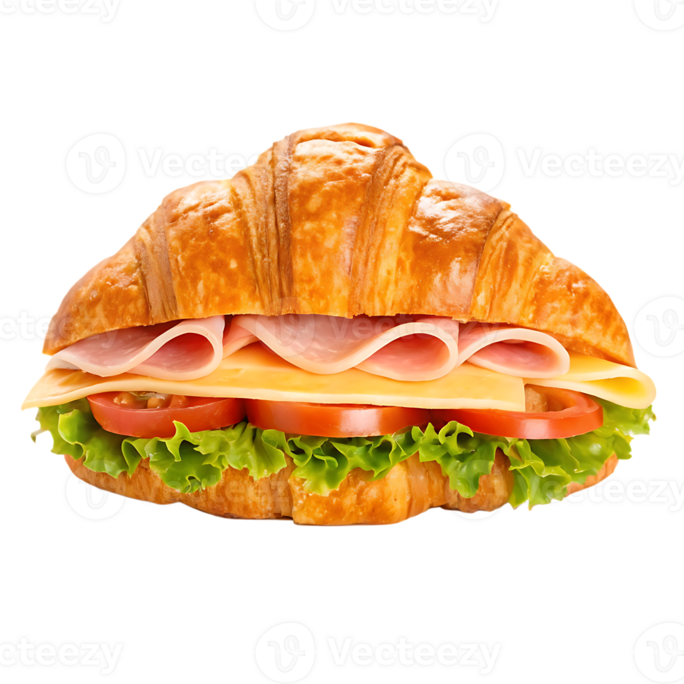 Delicious croissant sandwich with ham, cheese, and tomato. png