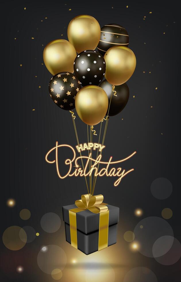 Elegant gold and black balloon birthday card with a bunch of balloons tied to a black gift vector