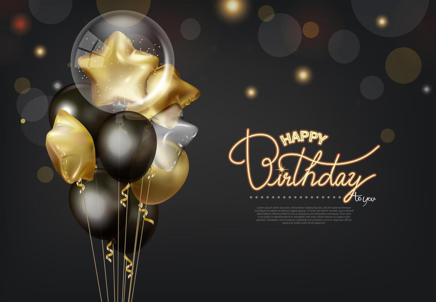 Elegant gold and black balloon birthday card with a bunch of balloons on the left side vector