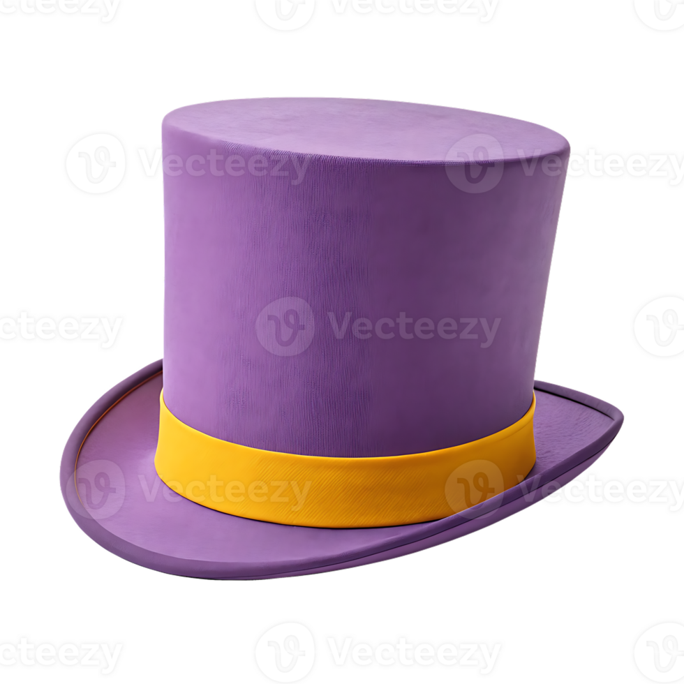 Purple top hat with yellow band. Elegant, stylish headwear. png