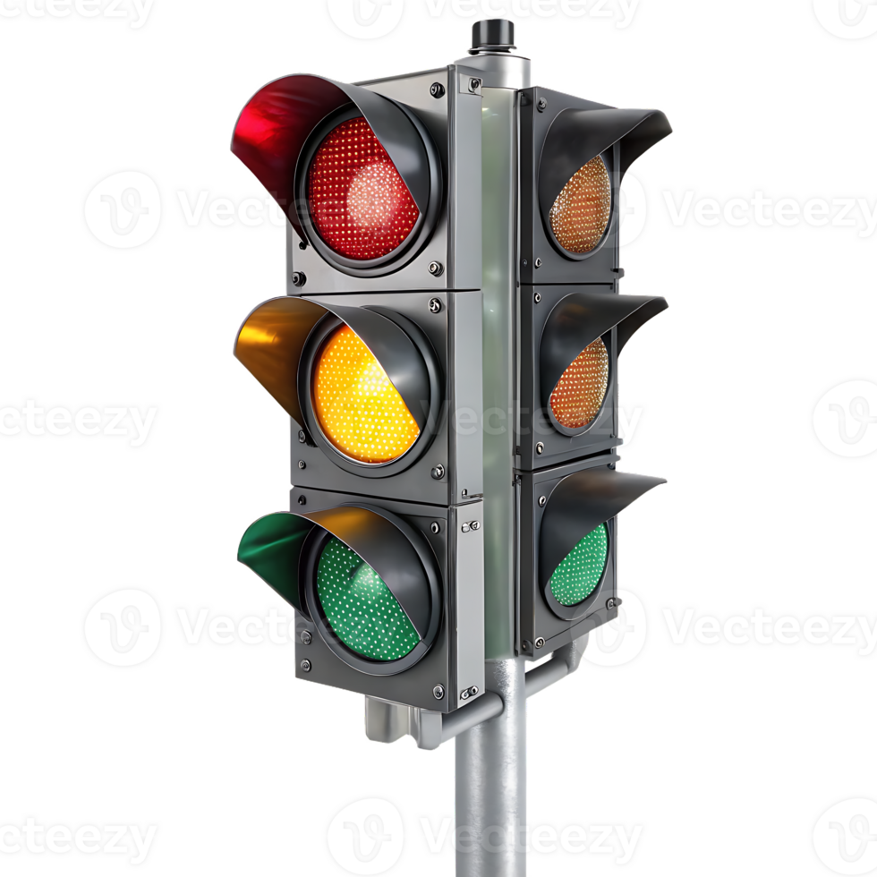 Traffic light showing red, yellow, and green lights. png