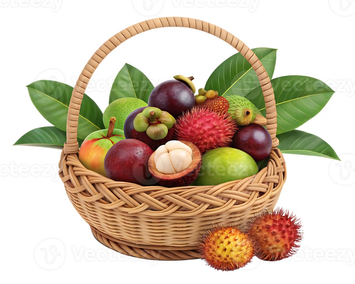 A wicker basket overflowing with mangosteens, rambutans, and other tropical fruits. png