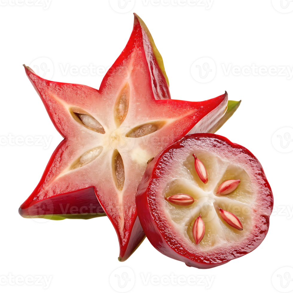 Close up of a sliced star fruit, showcasing its vibrant red color and unique star shape. png