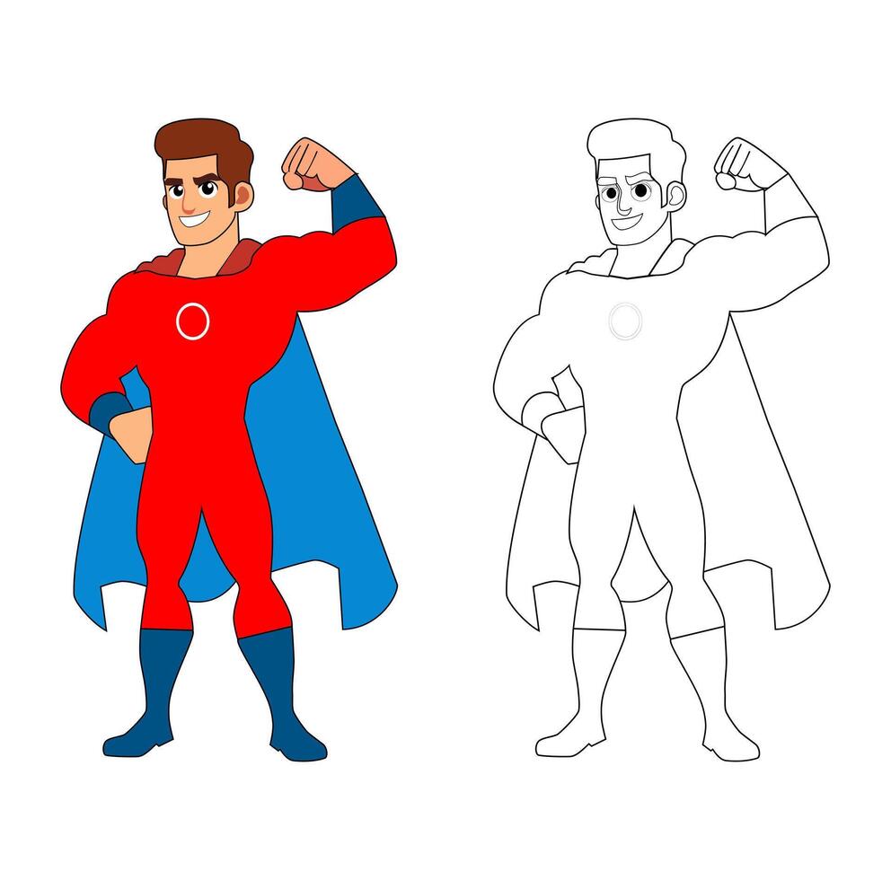 Cartoon Man Super Hero Make Muscular Pose Art Coloring Digital Vectors Illustration