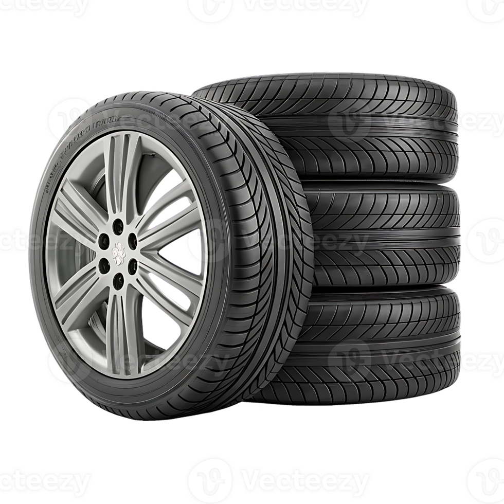 Stack of four new car tires with alloy rim. png