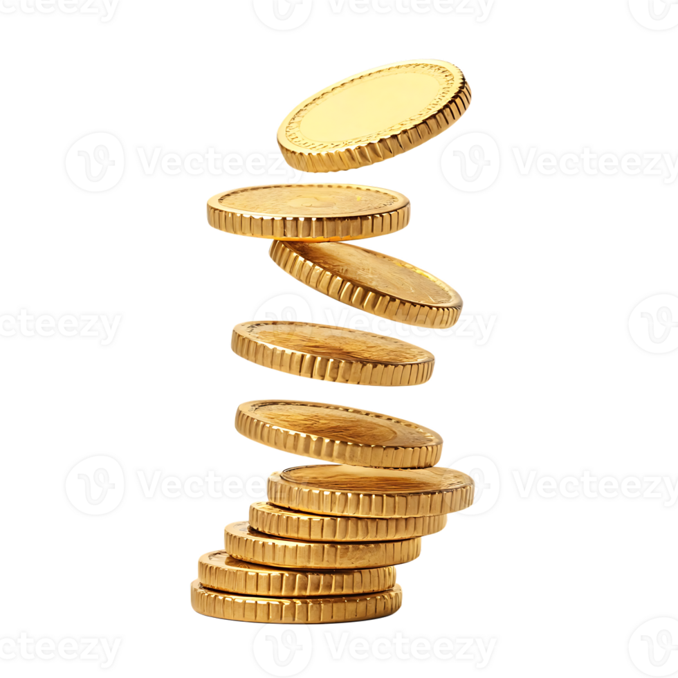 Stack of golden coins falling or rising. Wealth, finance, success concept. png