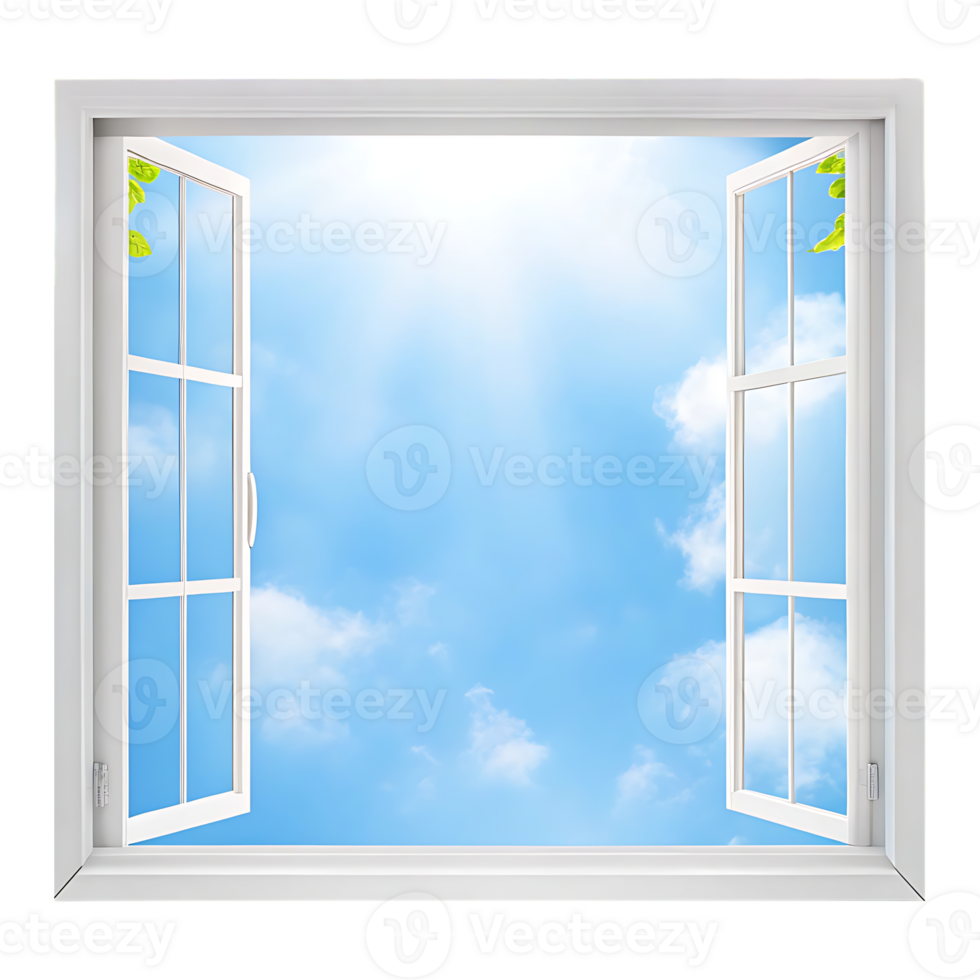 Open window view of a bright blue sky with clouds png