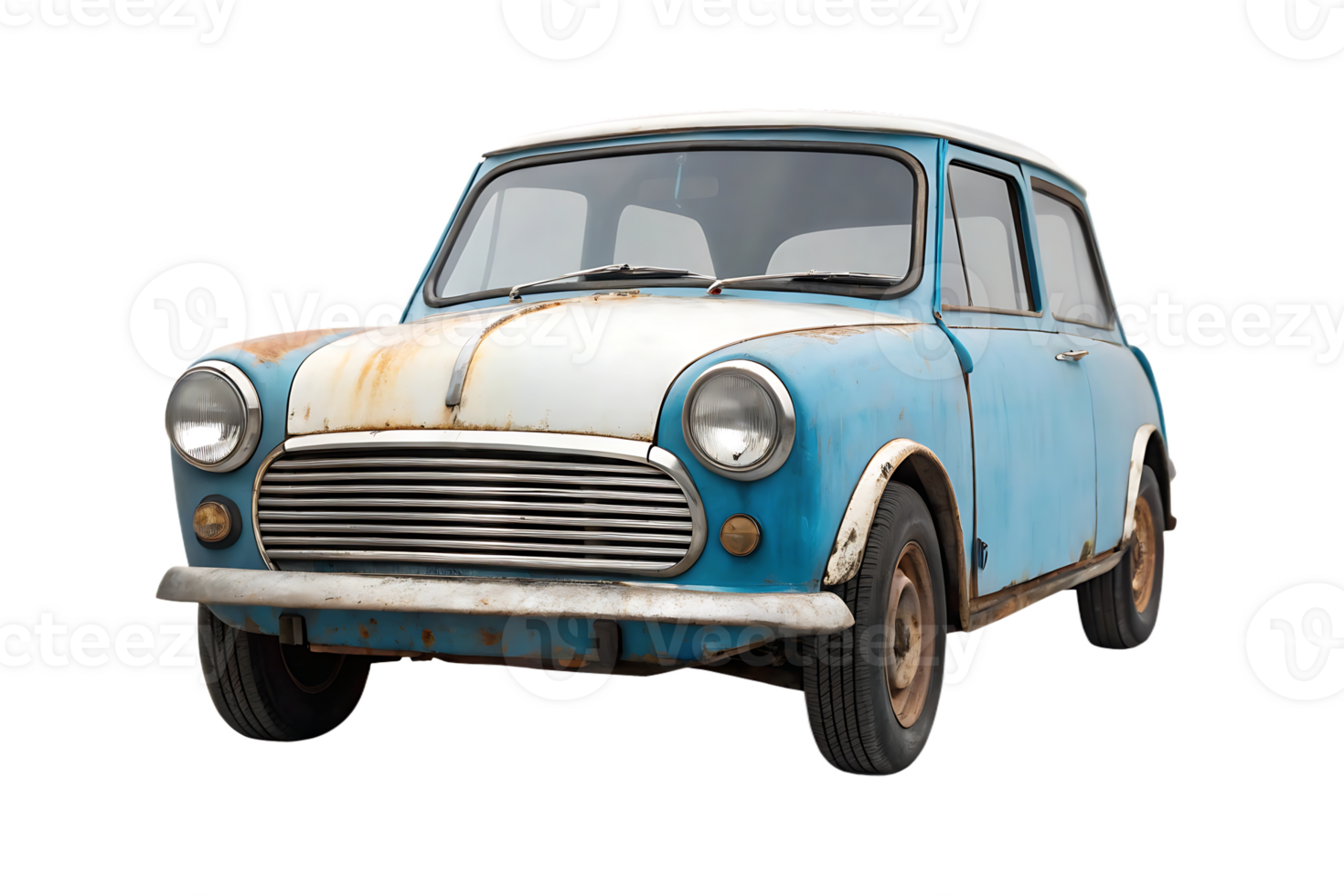 Rusty vintage car, classic blue, weathered png