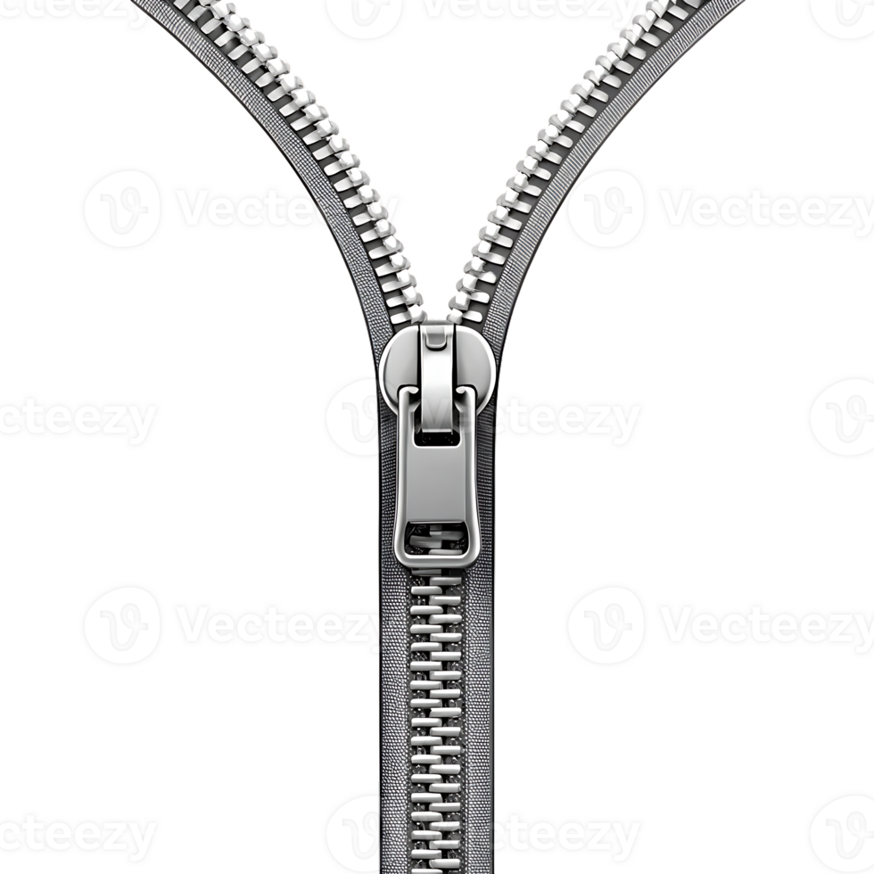 Close up of a silver zipper, open. png