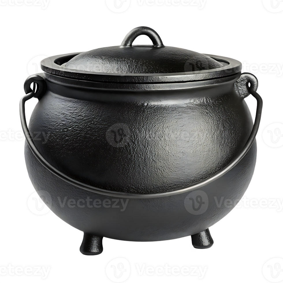 Black cast iron cauldron with lid and handles. png
