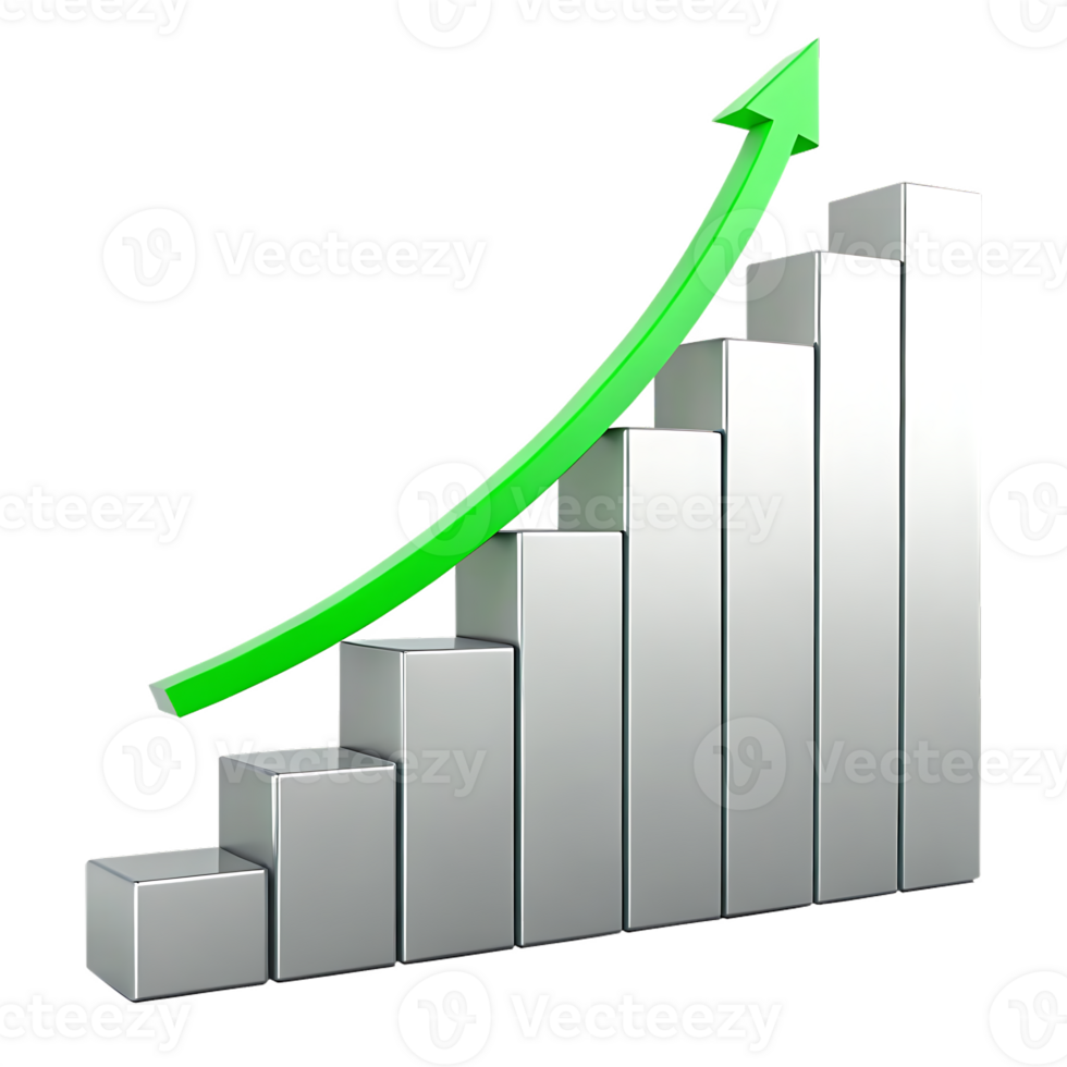 Growing bar chart with upward green arrow. Success, growth, and progress concept. png