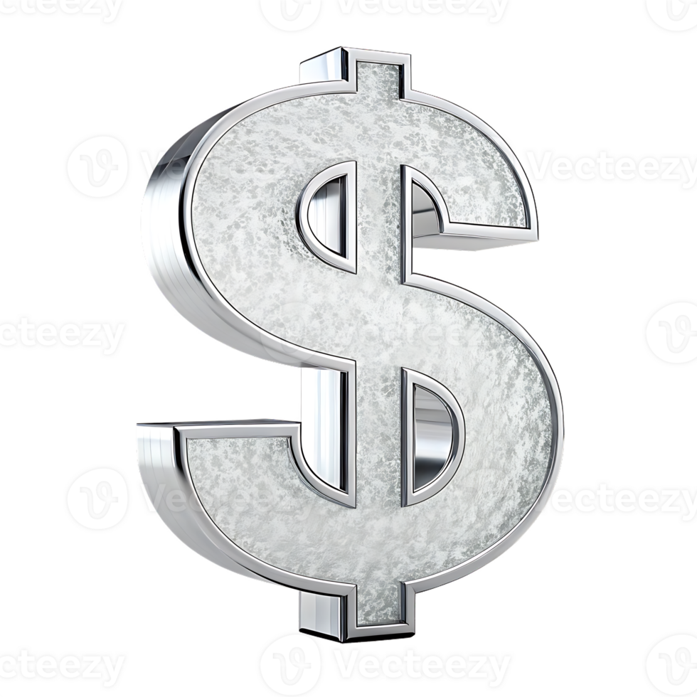 Silver dollar sign, textured surface, 3D render png