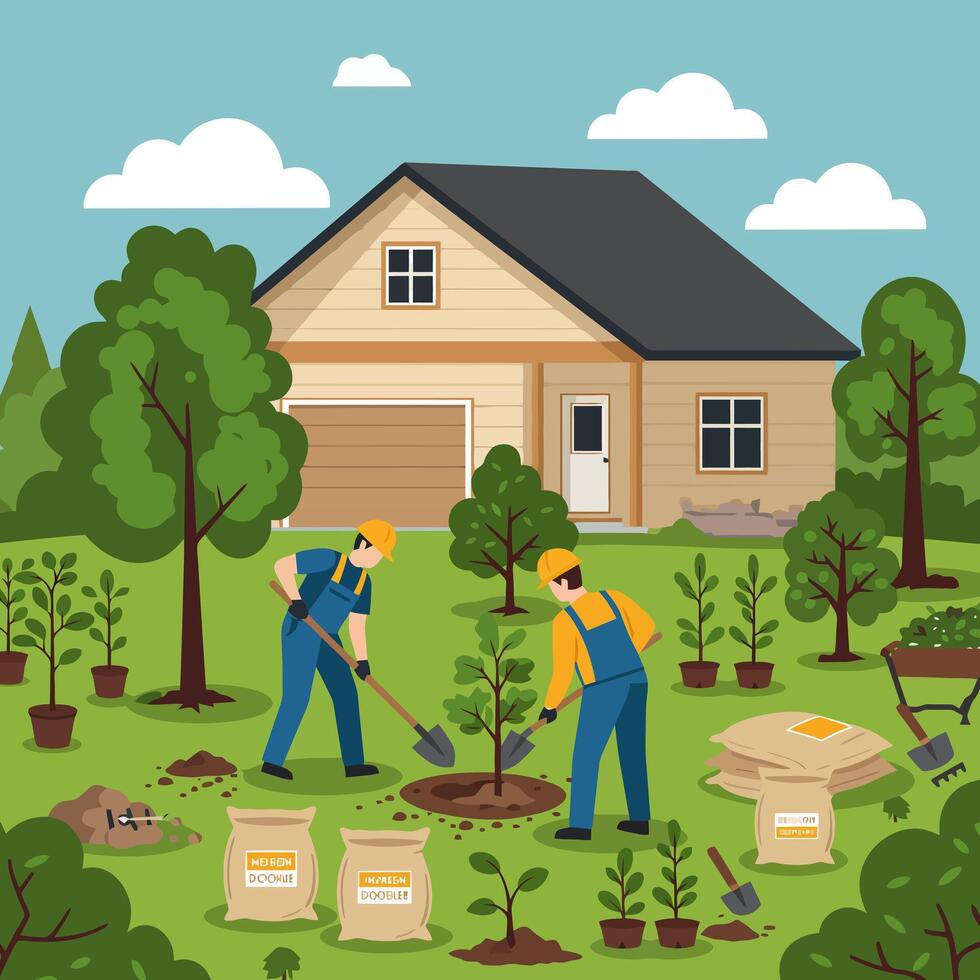 Men Planting Tree in Yard Near House with Gardening Tools vector
