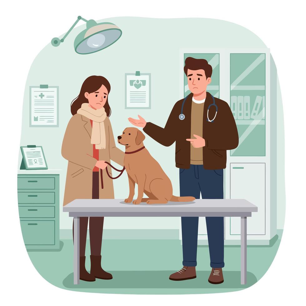 Dog Having Checkup at Vet Office with Sad Owner in Attendance vector