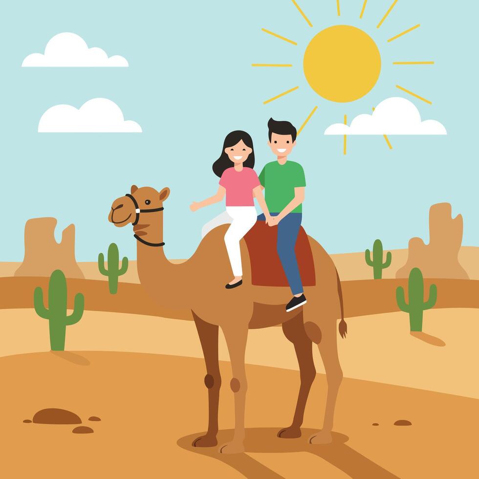 Couple Riding Camel in Desert Landscape with Cacti and Sun vector