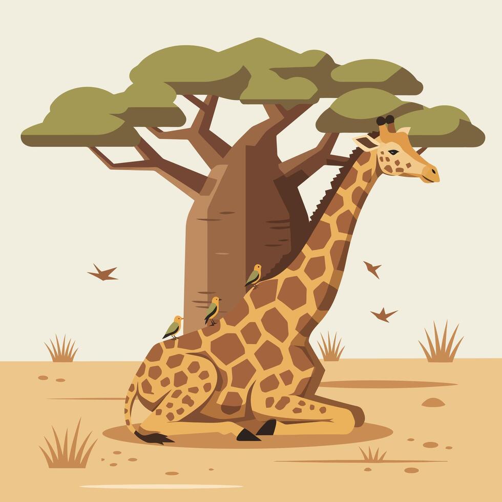 Giraffe Resting Under Tree with Birds Graphic Savannah Scene vector