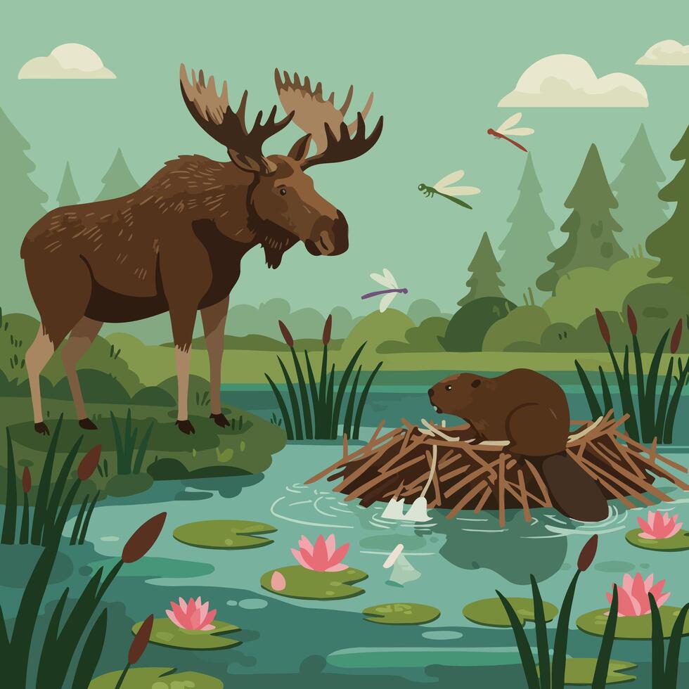 Moose and Beaver Illustration at Pond with Lily Pads and Dragonflies vector