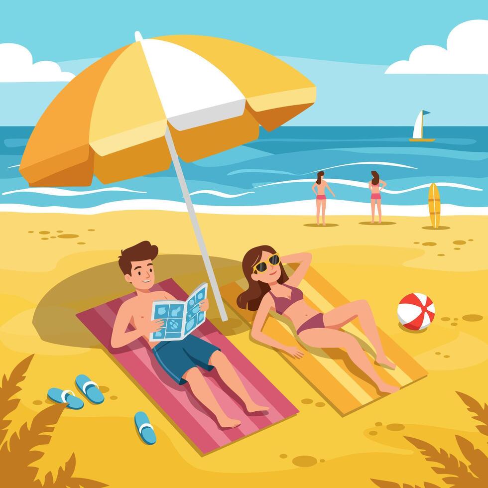 People Relaxing on Beach with Umbrella, Reading and Enjoying Sunshine vector