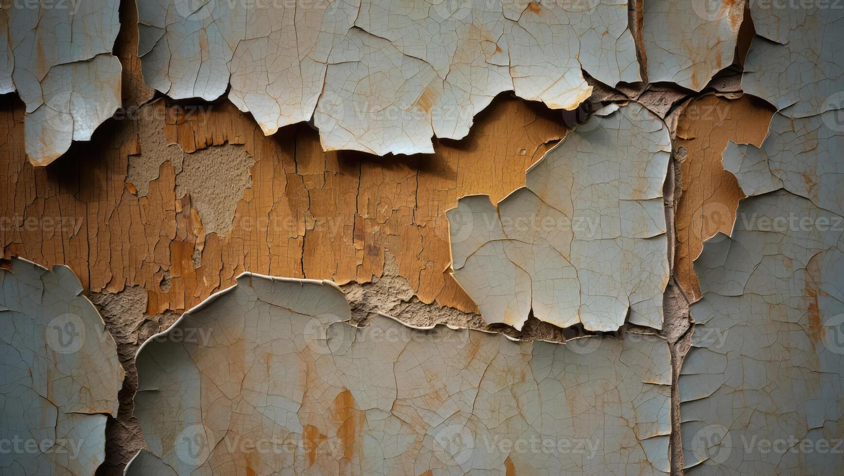 Abstract texture of peeling paint revealing layers of color on an aged surface in natural lighting photo