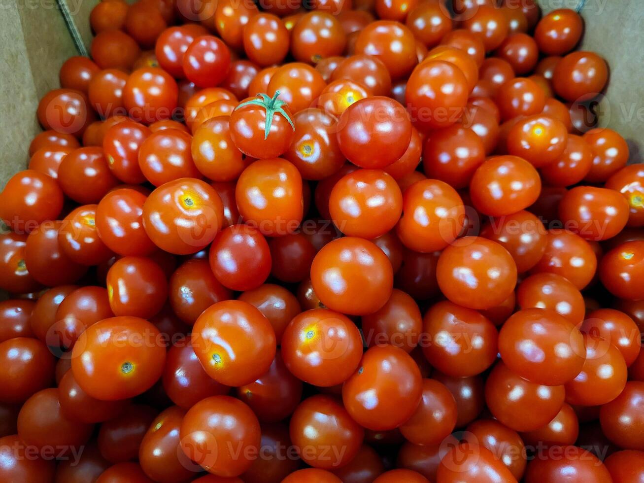 Smooth, beautiful little red cherry tomatoes are in a box on the store counter. photo