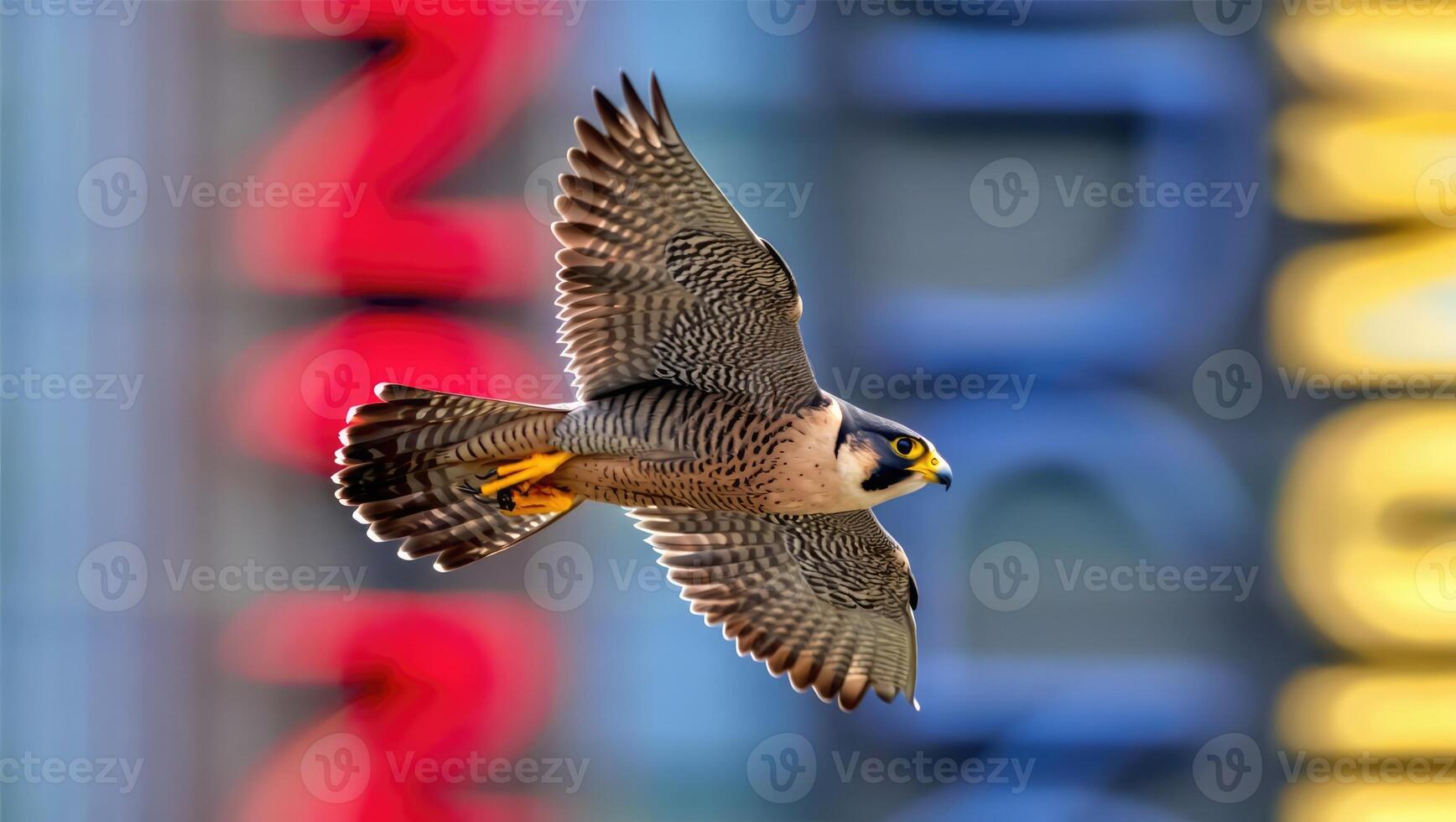 Peregrine falcon in mid flight against a colorful urban backdrop during daylight showcasing agility and grace in nature photo
