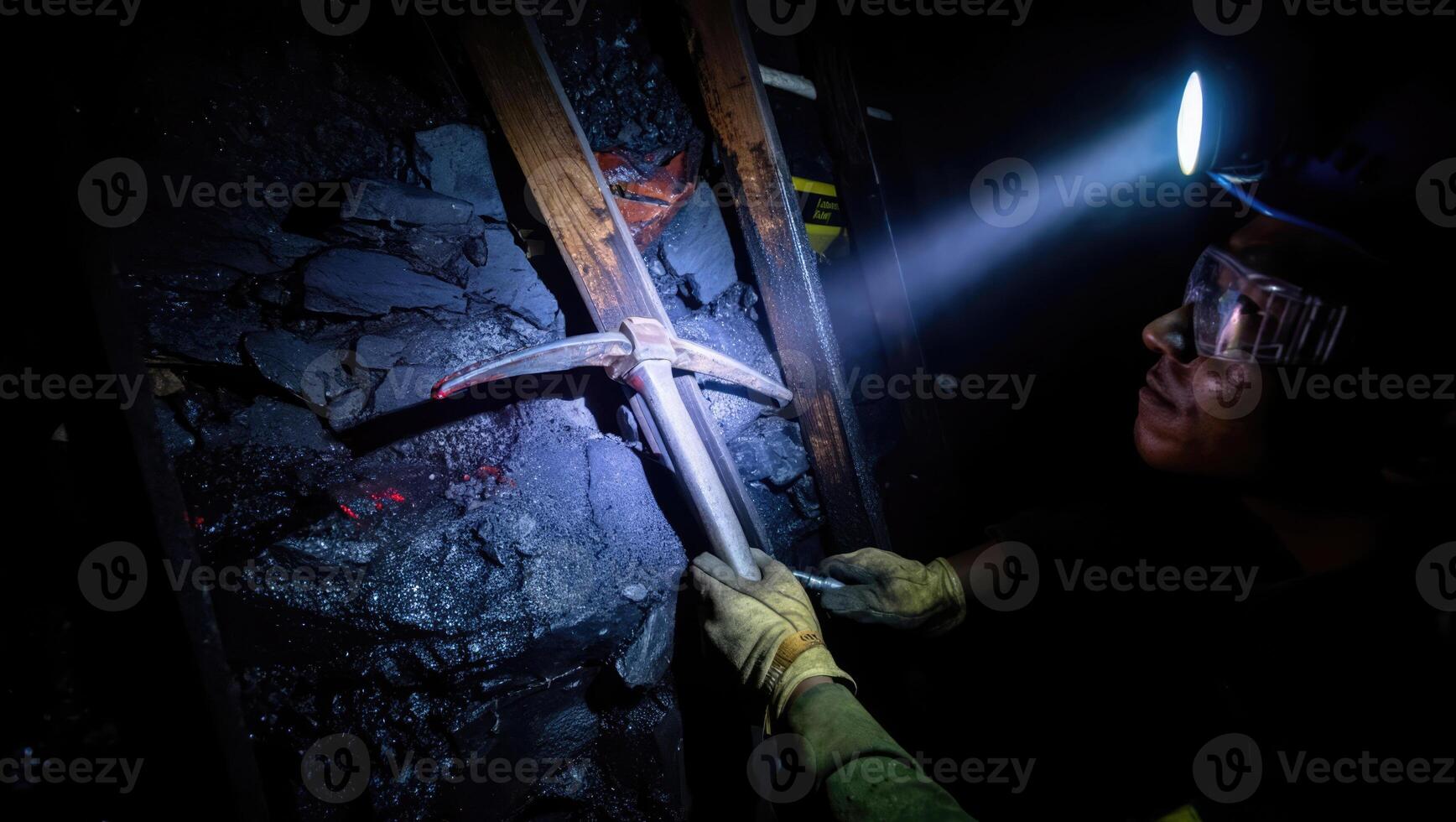Miner uses pickaxe to extract coal in a dark underground tunnel while illuminated by a headlamp photo