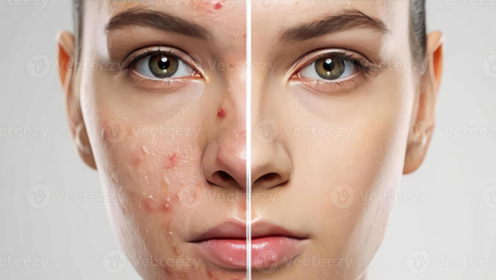 Transformation of skin condition through skincare routine showing before and after results with clear improvements and healthy appearance photo