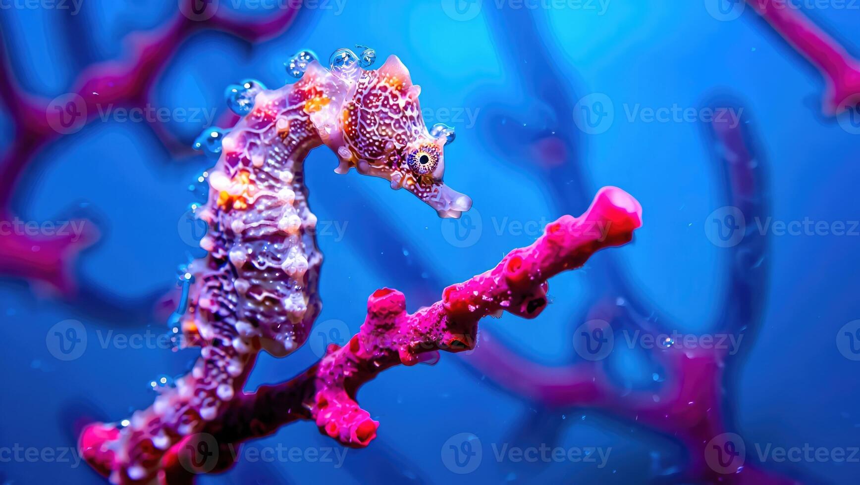 Colorful seahorse swimming in vibrant coral reef amidst bubbles in a tranquil underwater environment photo