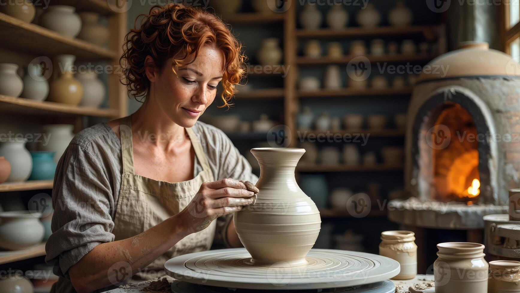 Creative woman working with clay in a pottery studio surrounded by handmade pottery and a warm fireplace during a late afternoon session photo