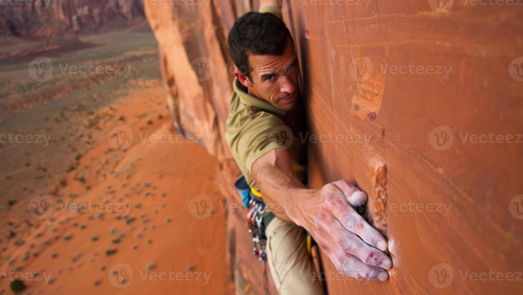 Man climbs a rocky wall in a desert landscape during daytime in an adventurous outdoor setting close to towering red cliffs photo