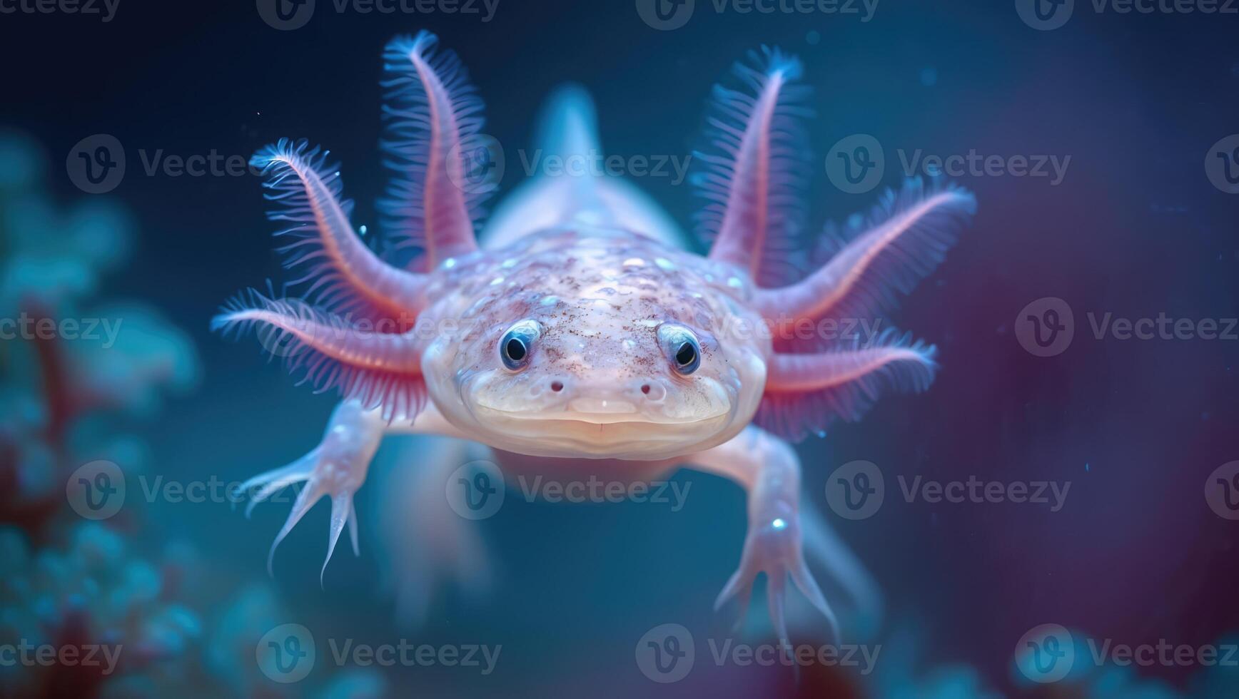 Underwater view of a unique amphibian with external gills swimming among vibrant aquatic life in a tranquil environment photo
