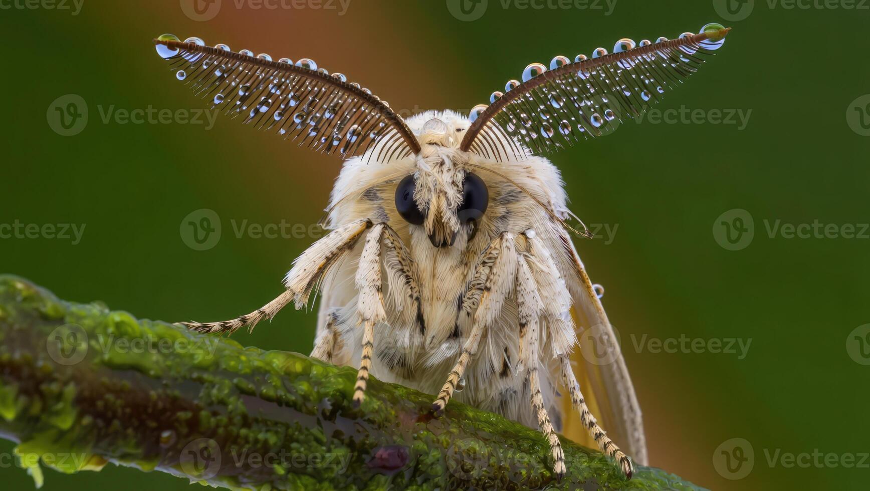 Close up view of a white moth with water droplets on its wings perched on a green stem in a natural setting during a misty early morning photo