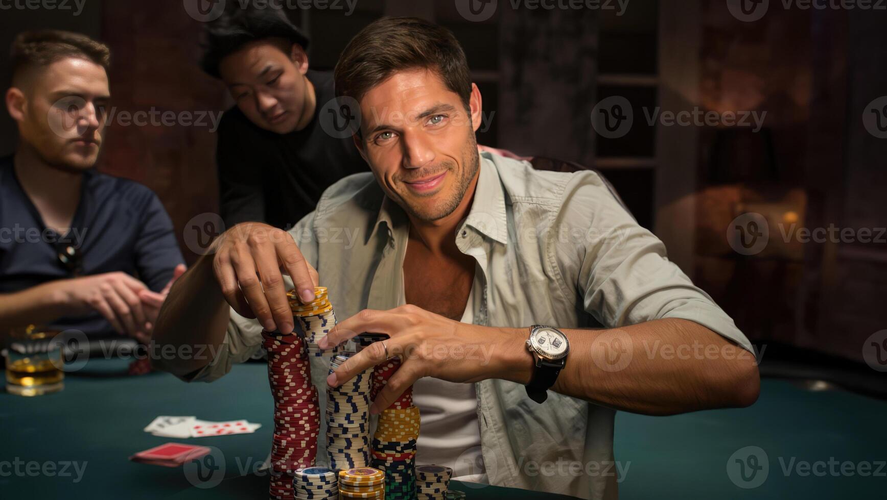 Enthusiastic card player stacking poker chips at a lively casino table with friends enjoying a thrilling game night in the evening photo