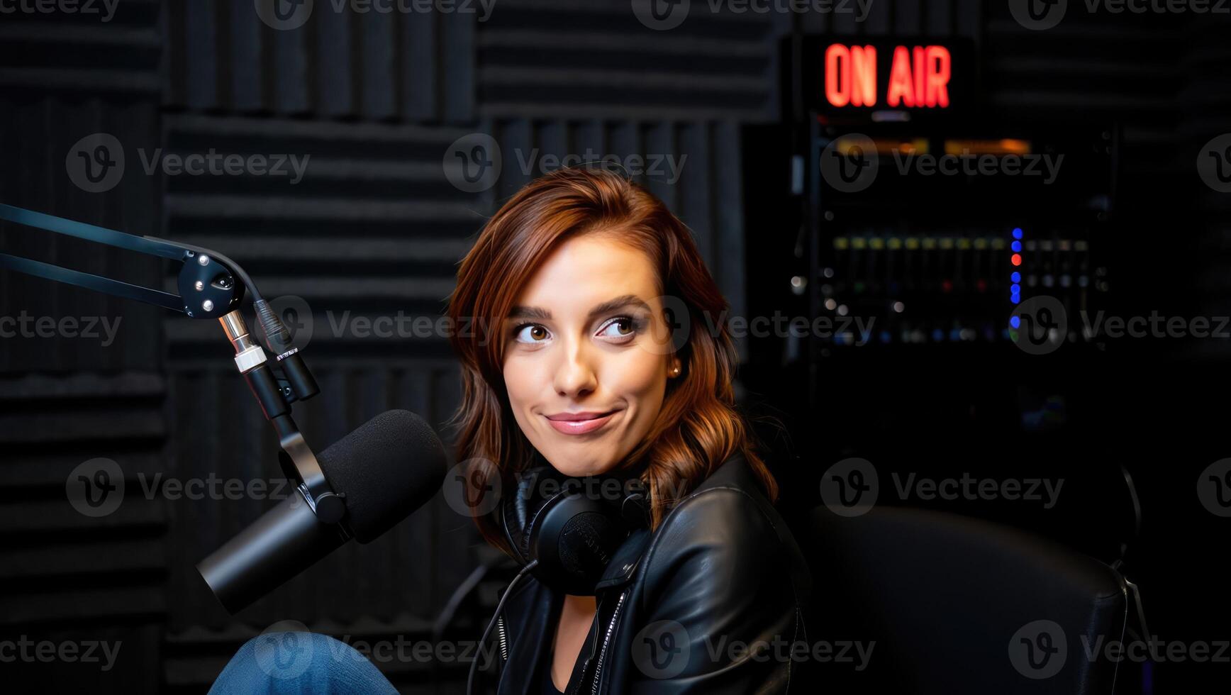 Podcast host engages with listeners during a live recording session in a professional studio with an on air sign illuminated in the background photo