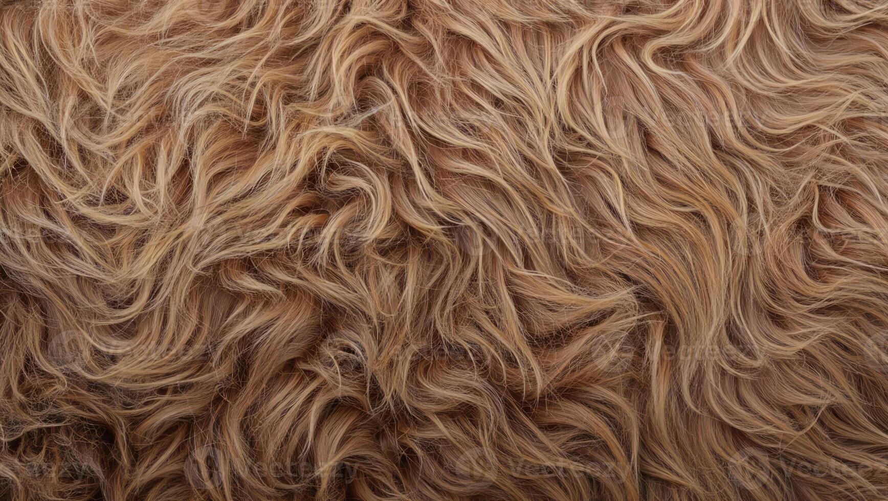 Soft, wavy fur texture with a warm brown color, showcasing various strands and curls resembling a cozy, fluffy blanket photo