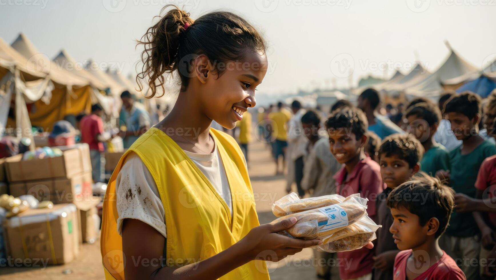 Young girl distributes food packages in crowded market area during midday sun, showcasing community support and resilience in challenging conditions photo