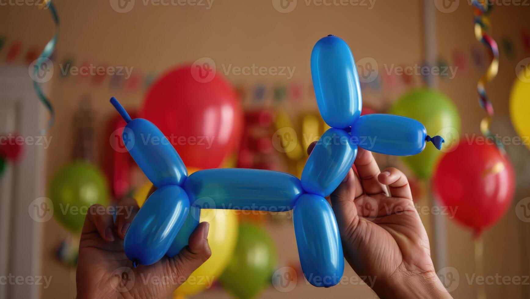 Creating a colorful balloon dog as a fun activity for kids at a birthday celebration in a decorated room with festive balloons photo