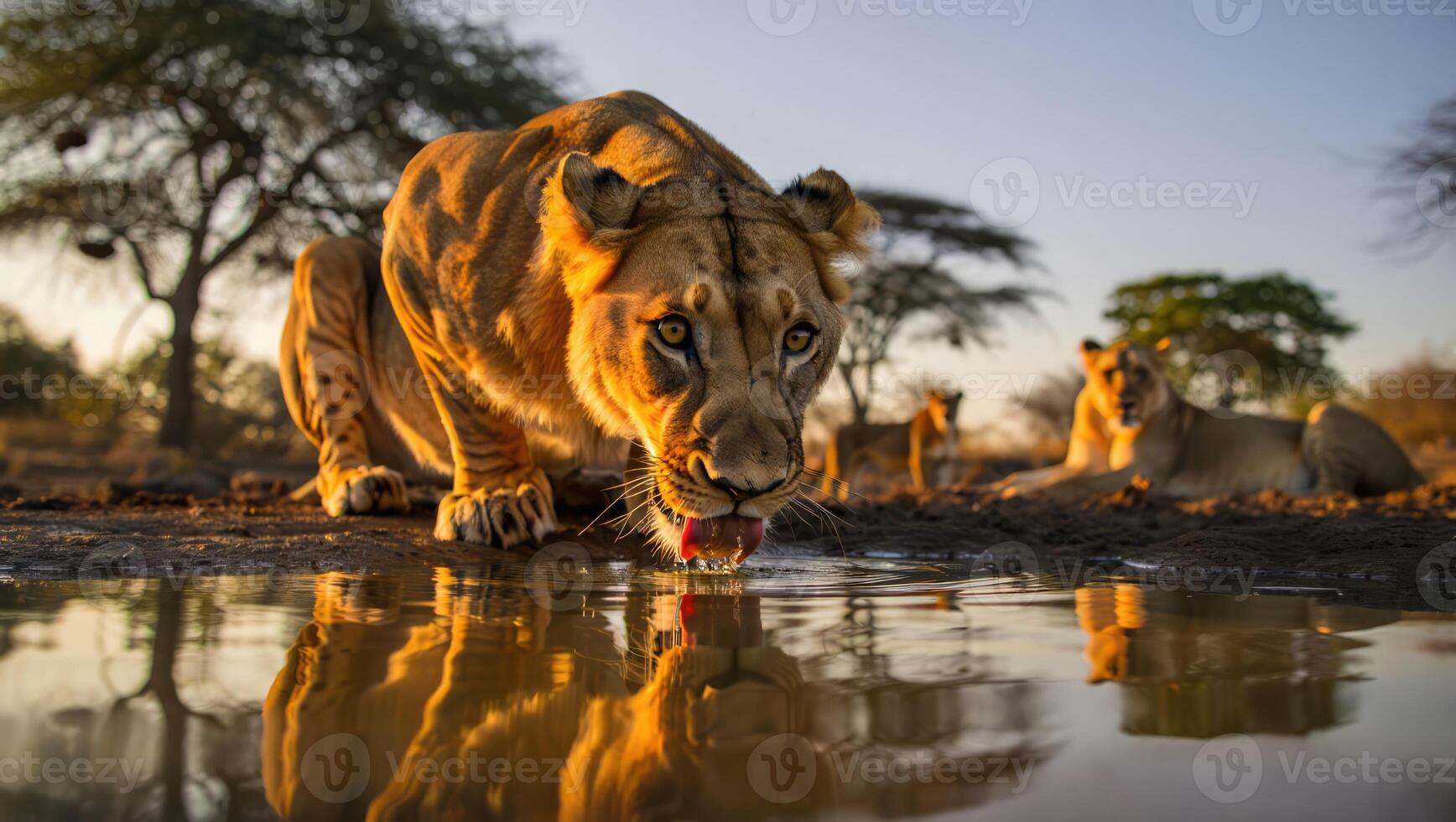 Lioness drinks from water hole at sunset while other lions watch in the background in a serene wildlife setting photo