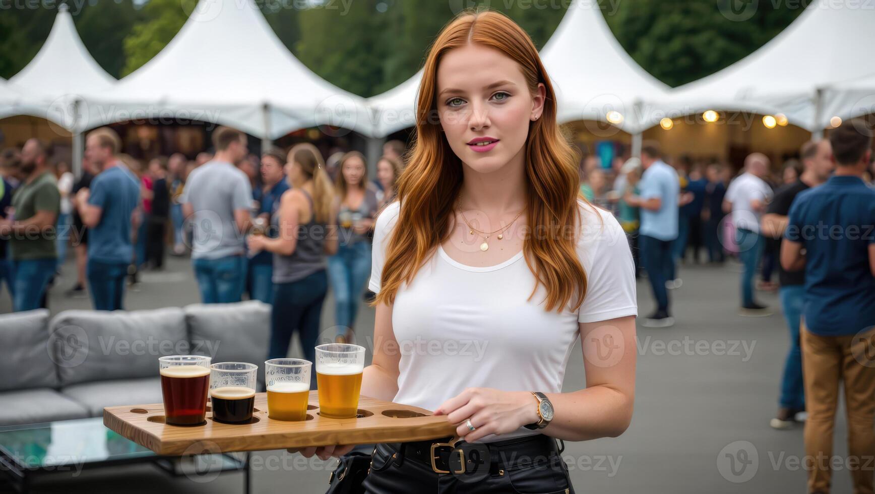 Model holds a wooden flight of craft beers at a lively outdoor festival with tents and crowds enjoying the event in the background during the afternoon photo