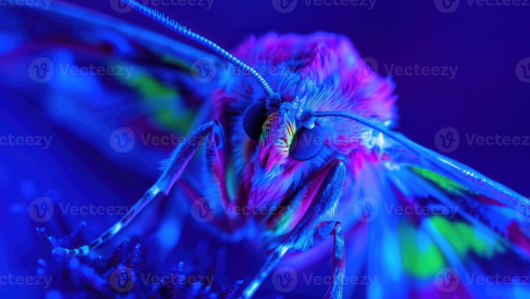 Close up view of a colorful moth under ultraviolet light showcasing intricate patterns and vibrant colors in a fantastical display photo