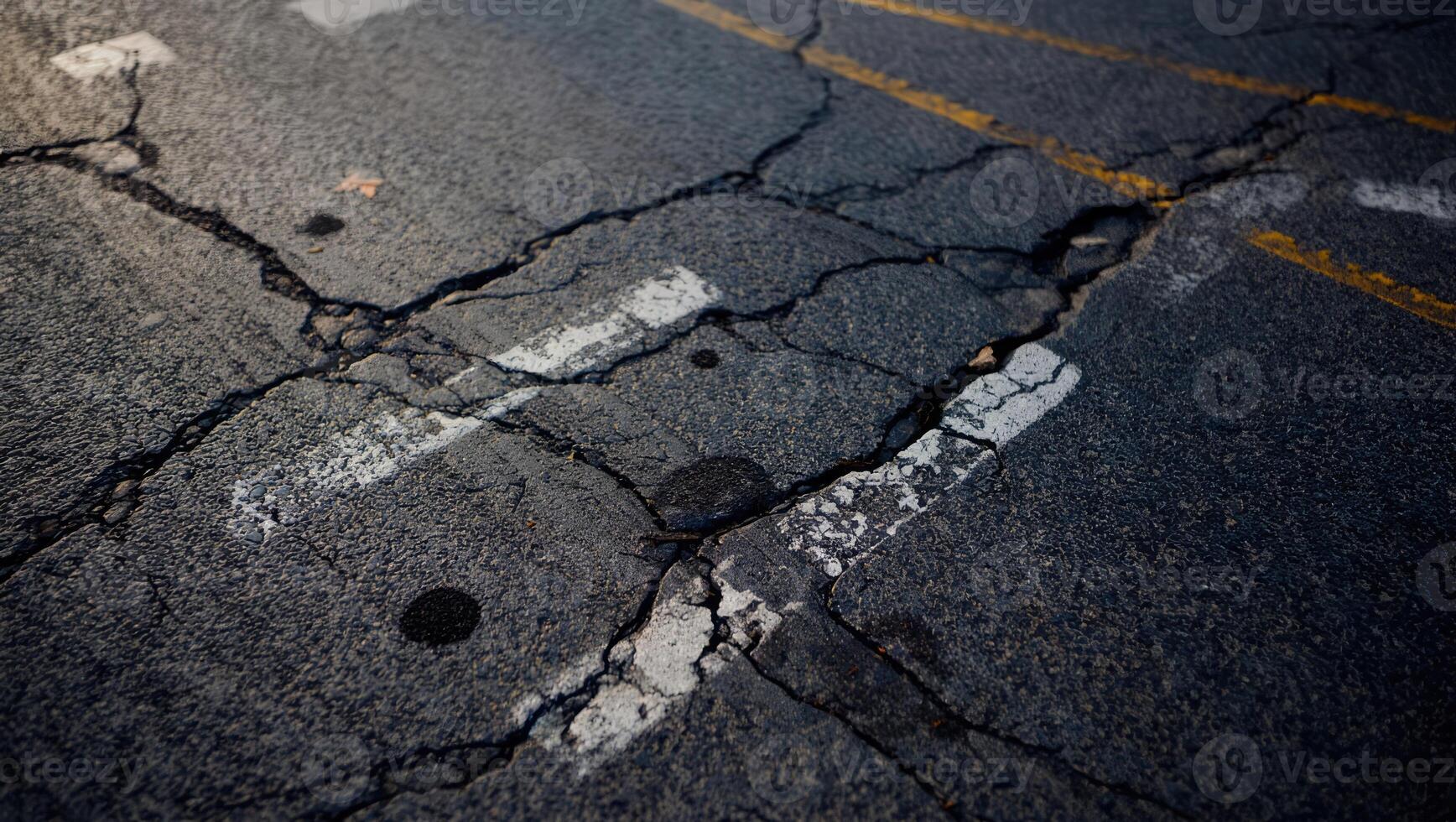 Cracked asphalt road showing signs of wear and age with visible yellow markings and debris in an urban area during daylight hours photo