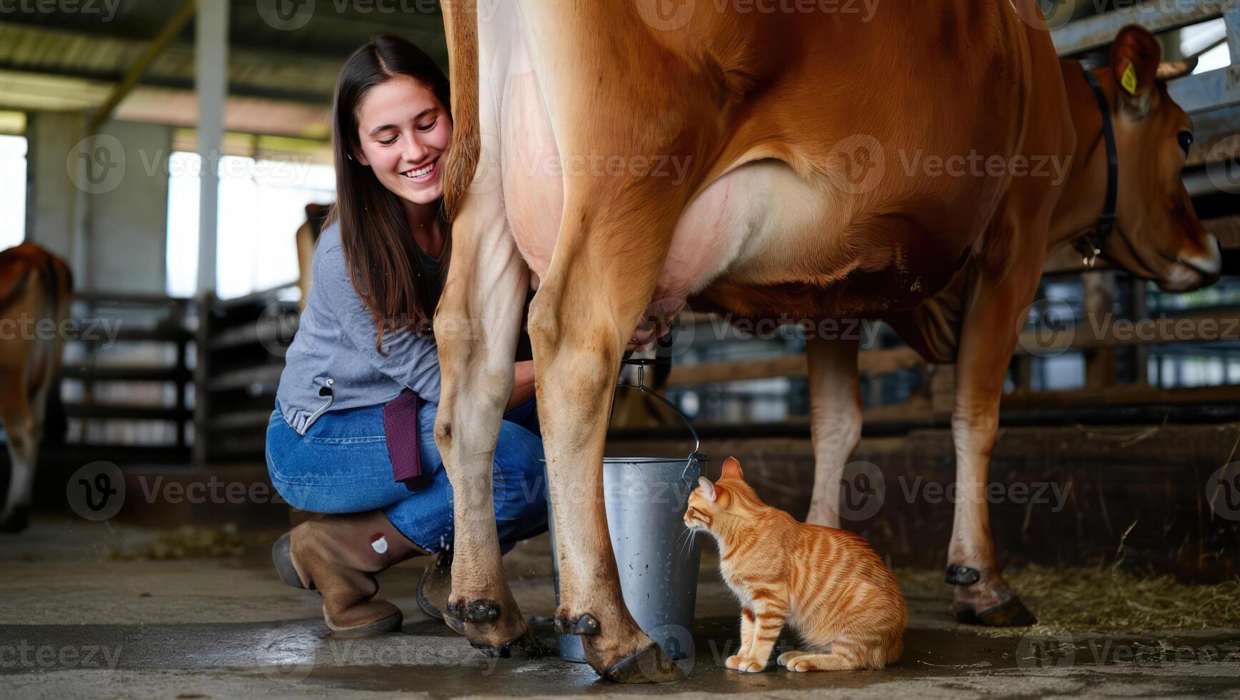 Young woman milking a cow with a cat nearby in a barn during the day photo