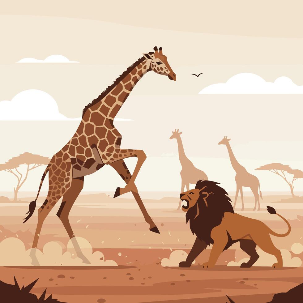 Giraffe Avoiding Attacking Lion in Savanna Illustration Animal Confrontation vector
