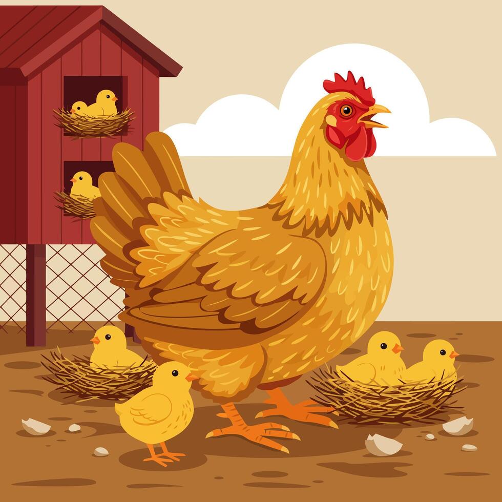 Hen with Chicks Illustration in Farmyard Scene with Chicken Coop vector