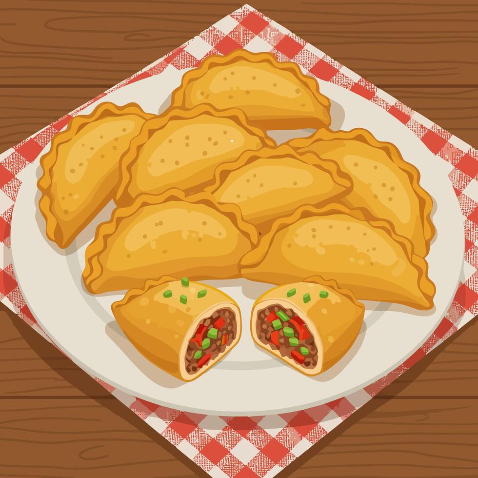 Delicious Fried Dumplings on a Plate with Red Checkered Cloth vector