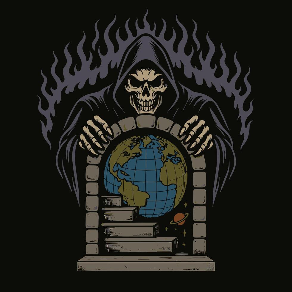 Grim Reaper Holding Earth Globe with Flames Illustration vector