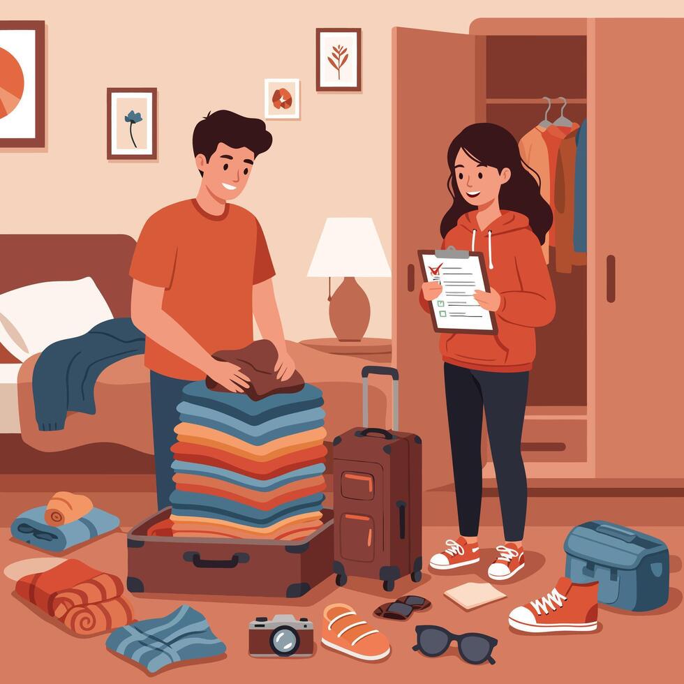 Couple Pack Suitcase While Checking List Preparing for Travel vector