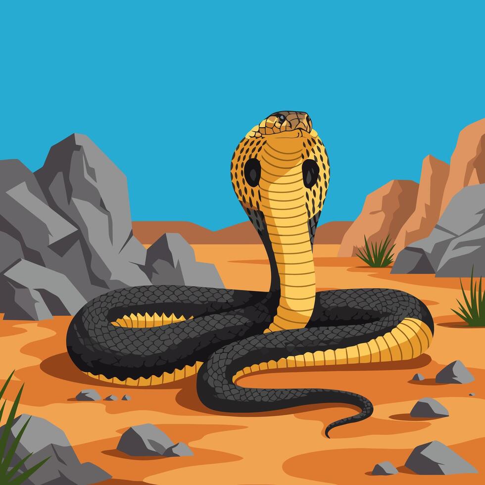 Cobra Snake Rising in Desert Landscape Cartoon Illustration Danger vector