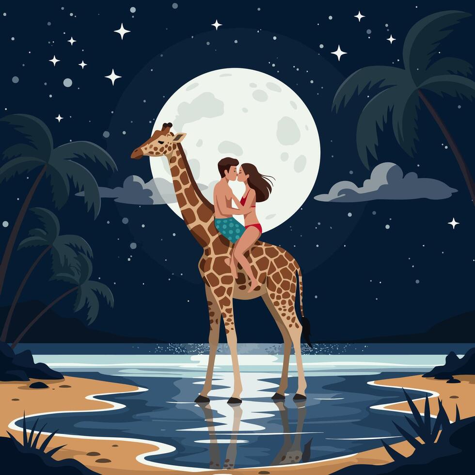 Couple Kissing on Giraffe Silhouetted by Moonlit Beach Under Starry Sky vector